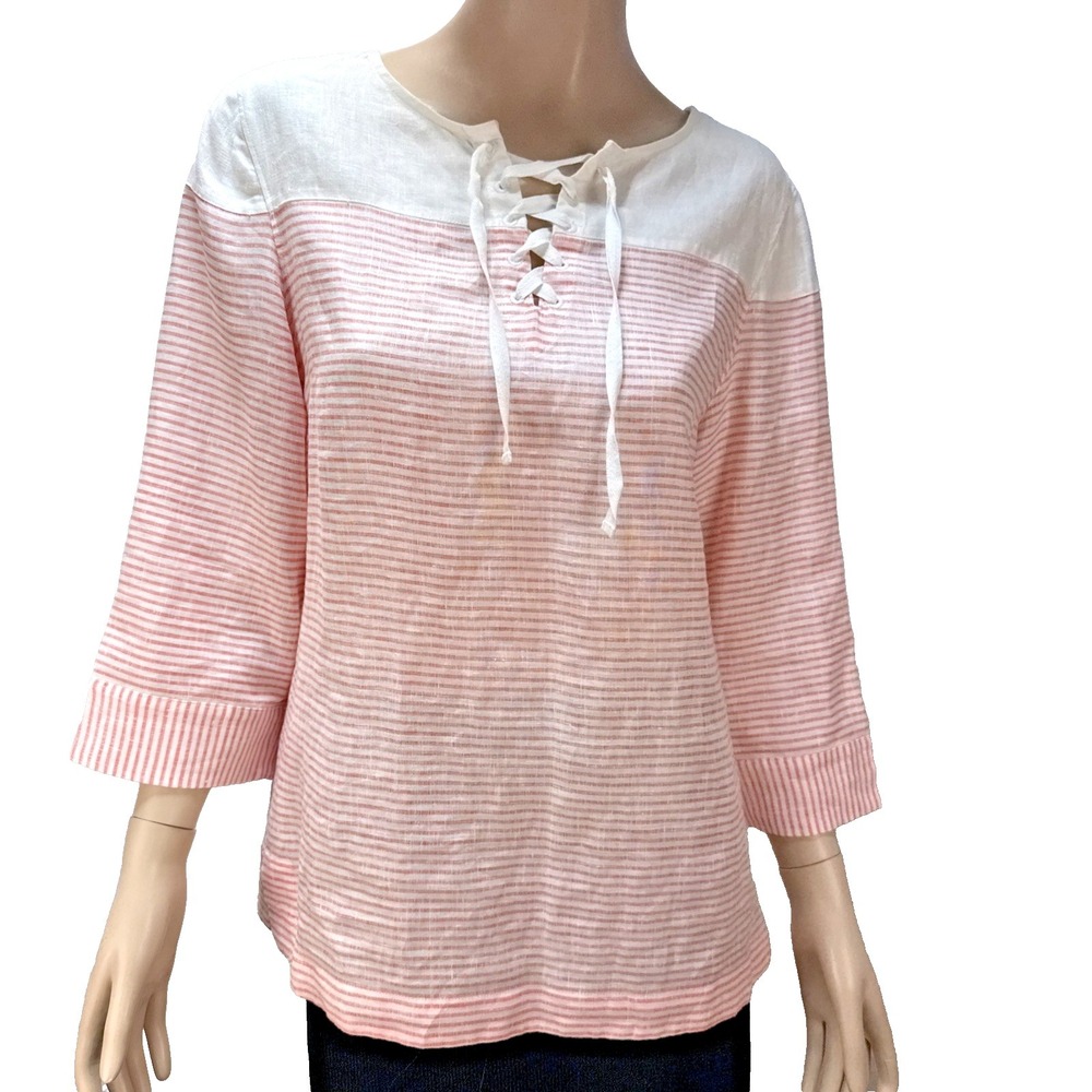 Tommy Bahama Crystalline Waters Linen Lace Up Top Shirt Size M Coral Stripe